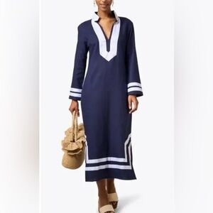 SAIL TO SABLE Maxi Tunic Caftan Dress Long Sleeve Navy White 100% Cotton Size S